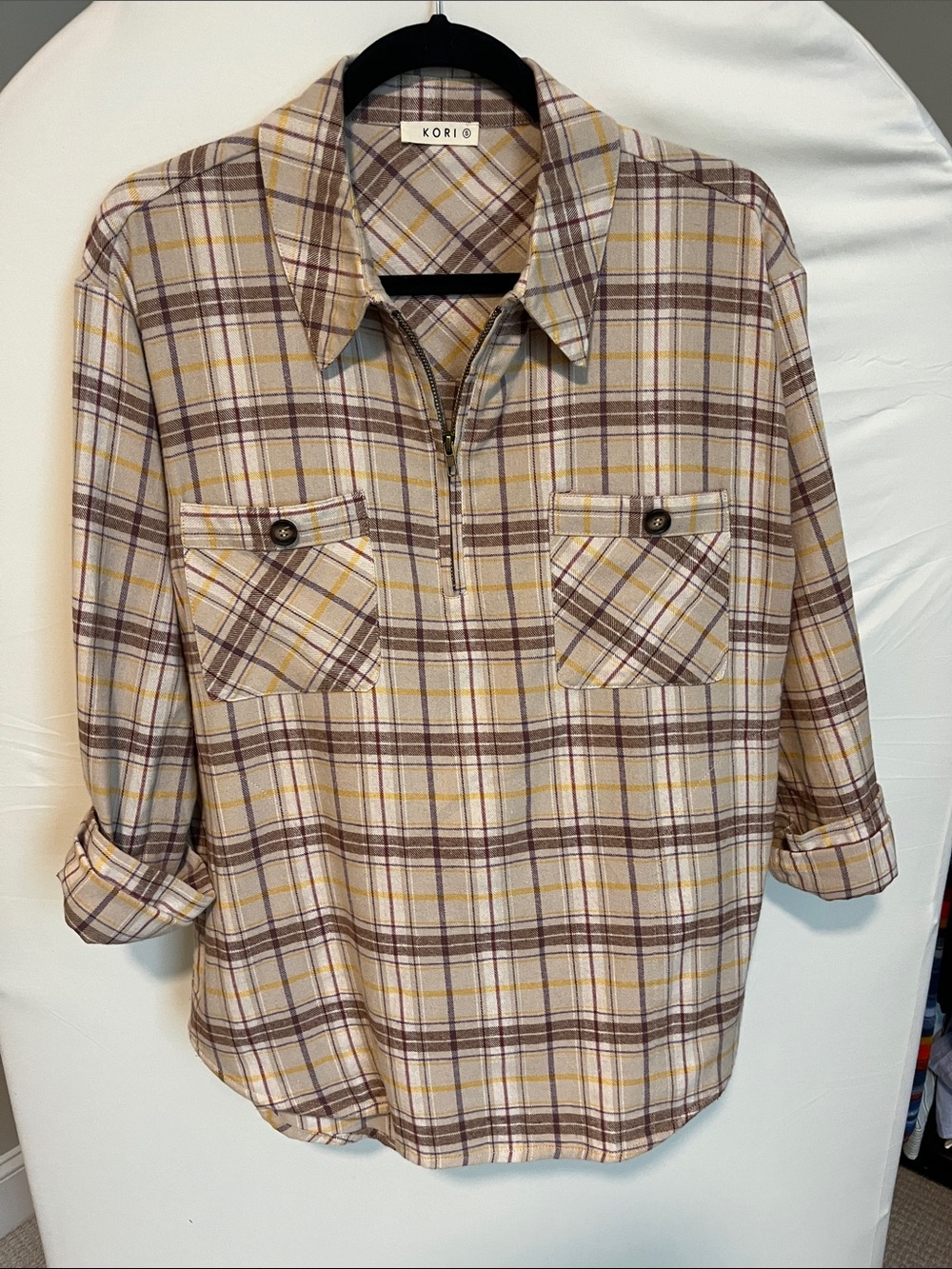 Kori Plaid Half-Zip Shirt in Cream, Brown